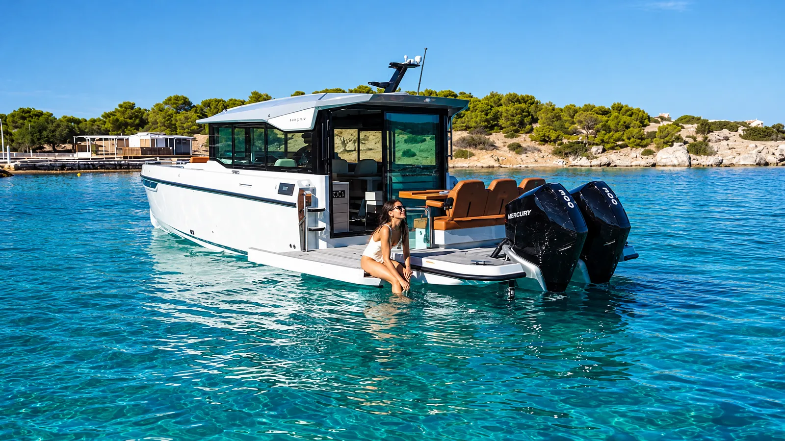 Saxdor 320 GTC at anchor in turquoise water